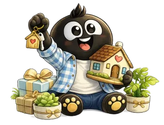 Flowy viert een nieuwe woning met huissleutel en bloemen