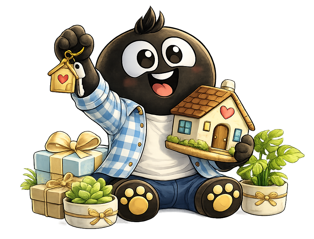 Flowy viert een nieuwe woning met huissleutel en bloemen