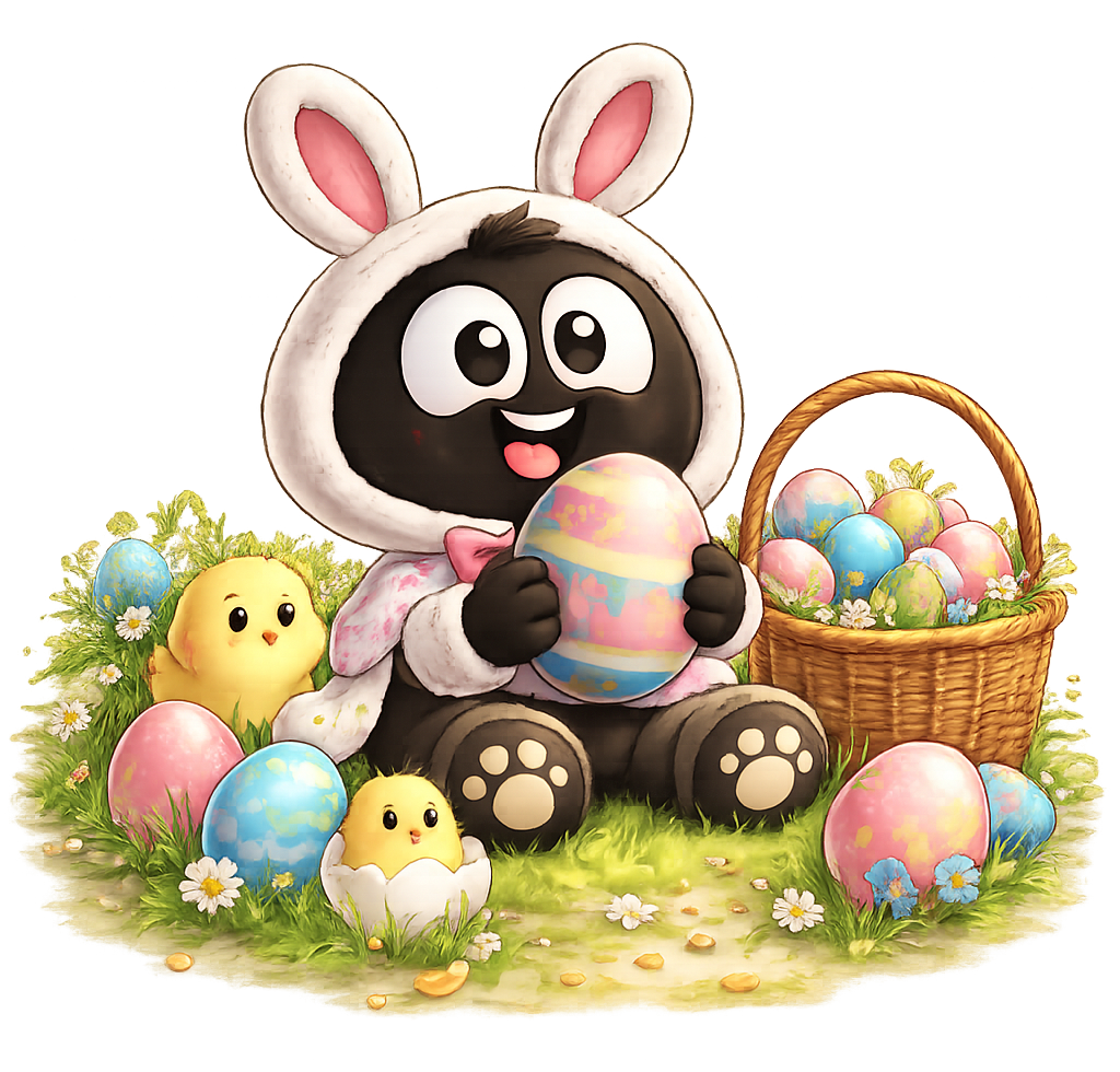 Flowy als paashaas met paasei en kuikentjes